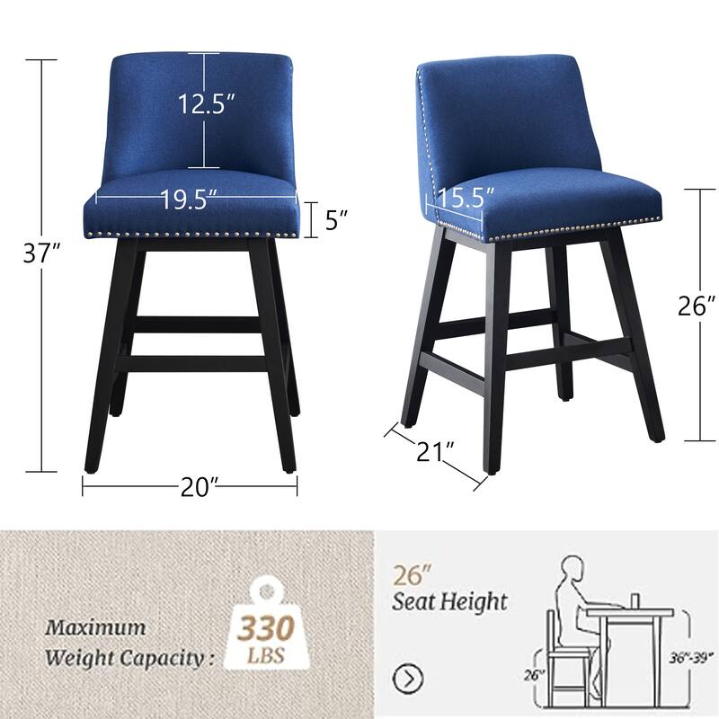 26" Upholstered Linen Swivel Counter Height Barstool, Set of 2, Dark Blue Bed Bath & Beyond